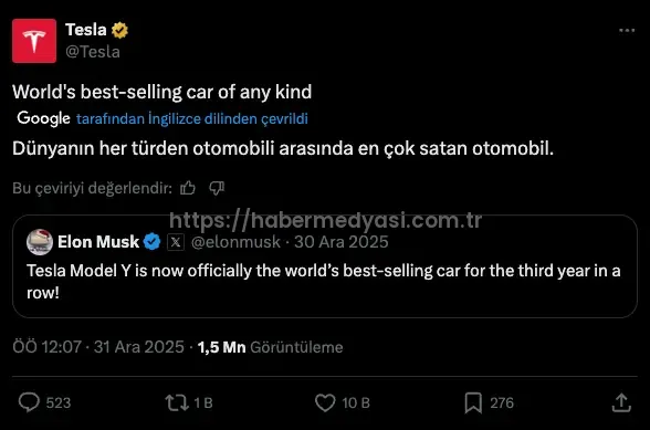 Elon Musk Açıkladı: Tesla Model Y, 2025’te Dünyanın En Çok Satan Otomobili Oldu